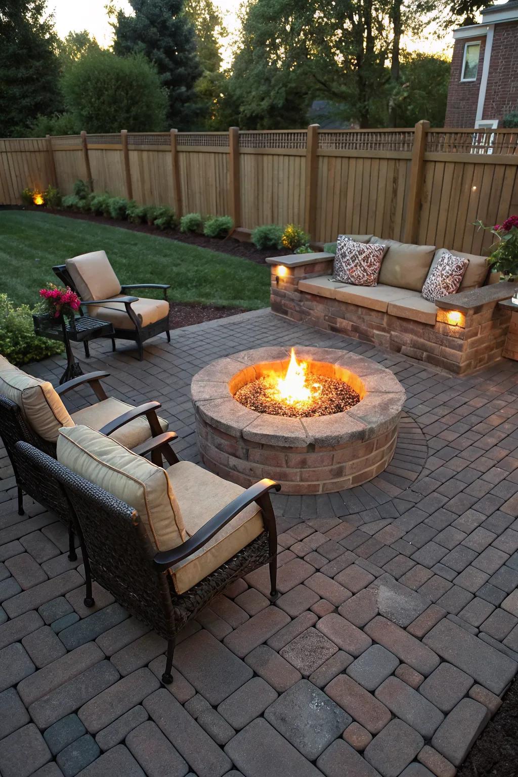 A fire pit becomes the focal point of this inviting brick deck.
