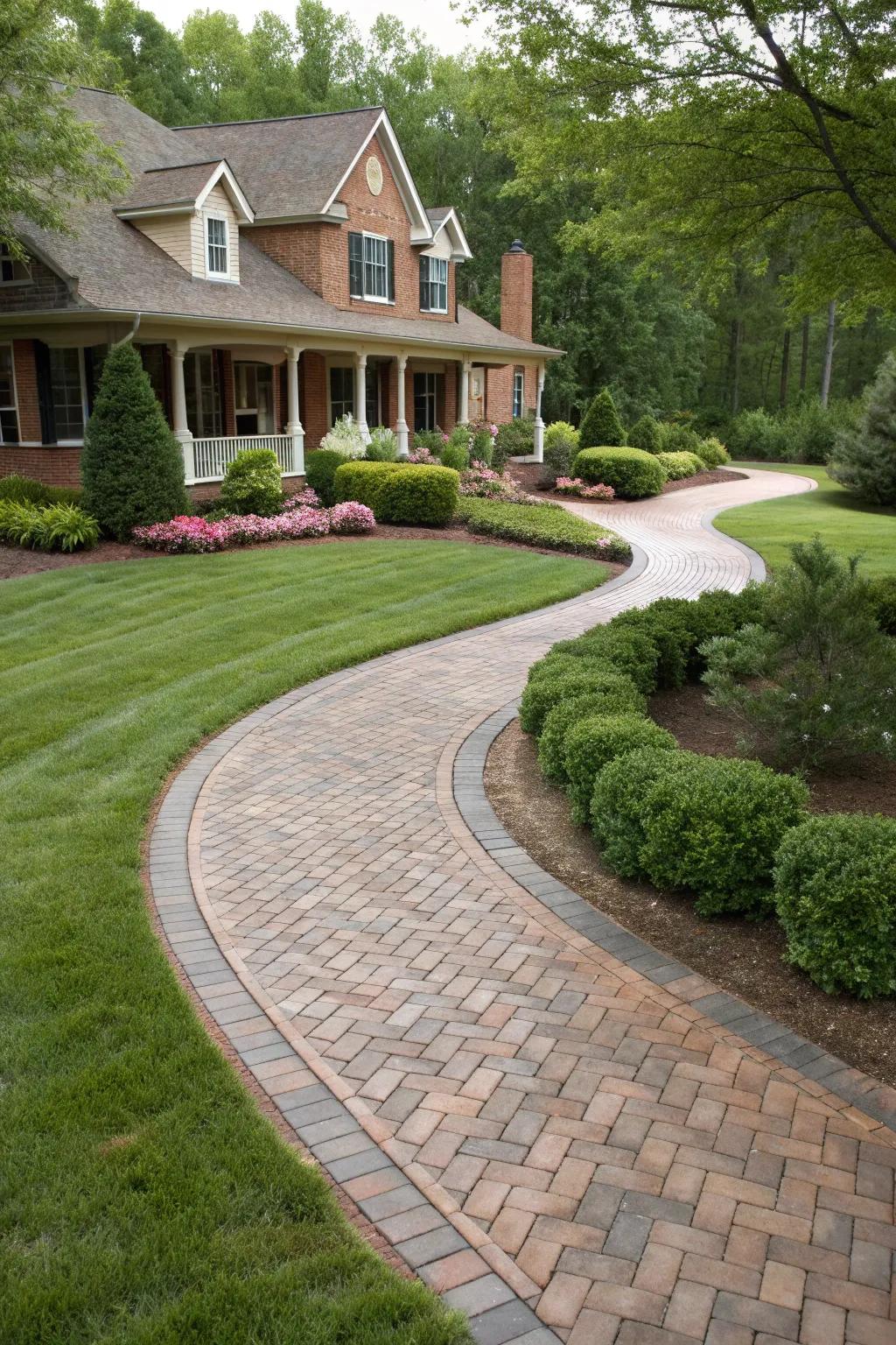 A gracefully curved brick driveway enhancing the entrance of a charming home.