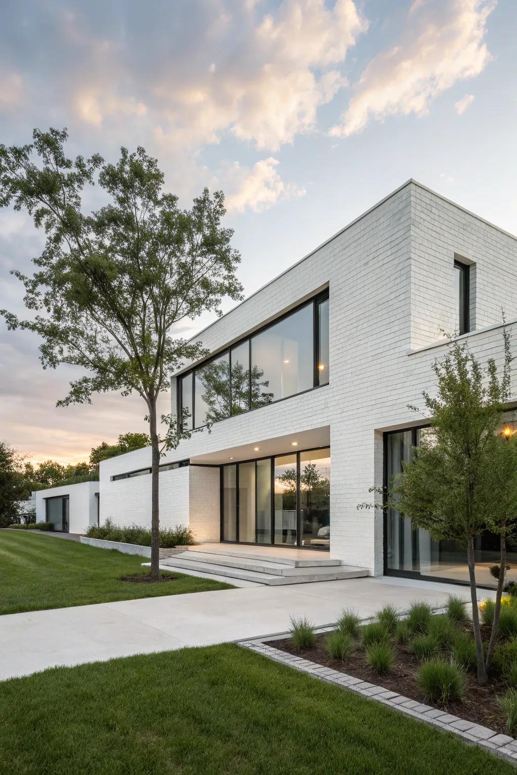 A contemporary house showcasing a sleek white brick facade.