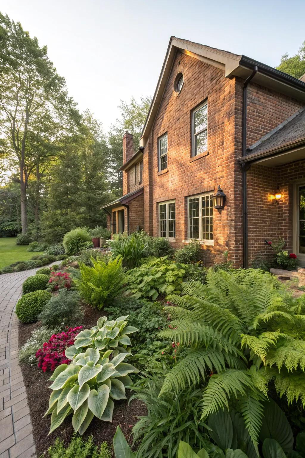 Lush greenery offers a refreshing contrast to brick walls
