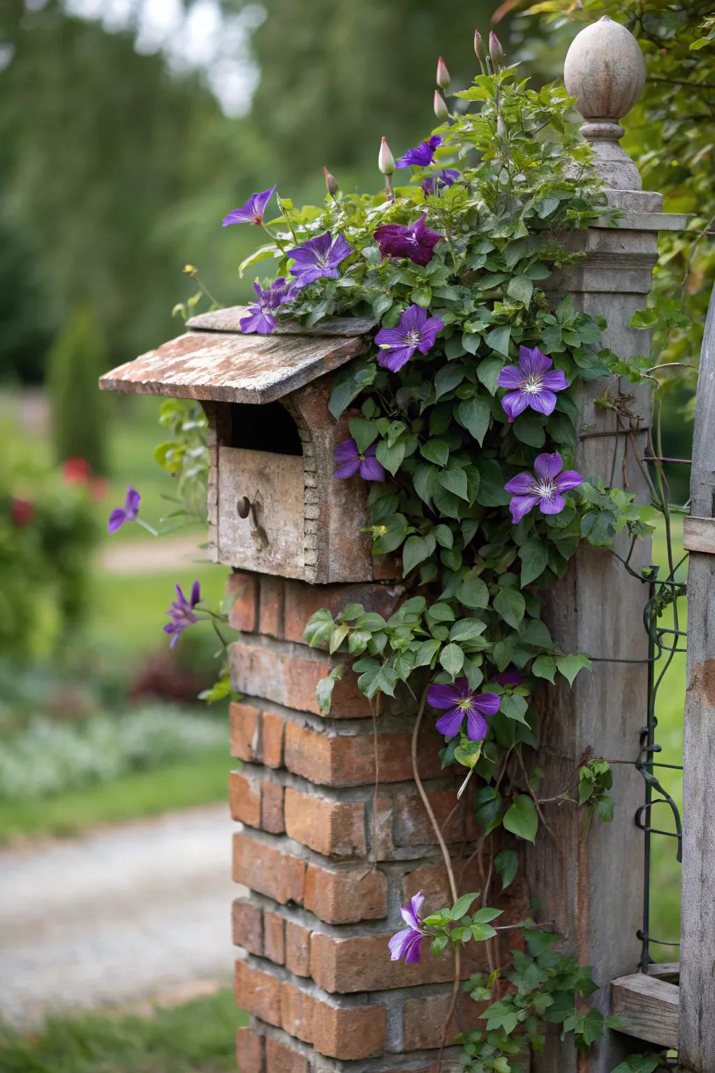 Clematis vines elegantly drape over this brick mailbox.