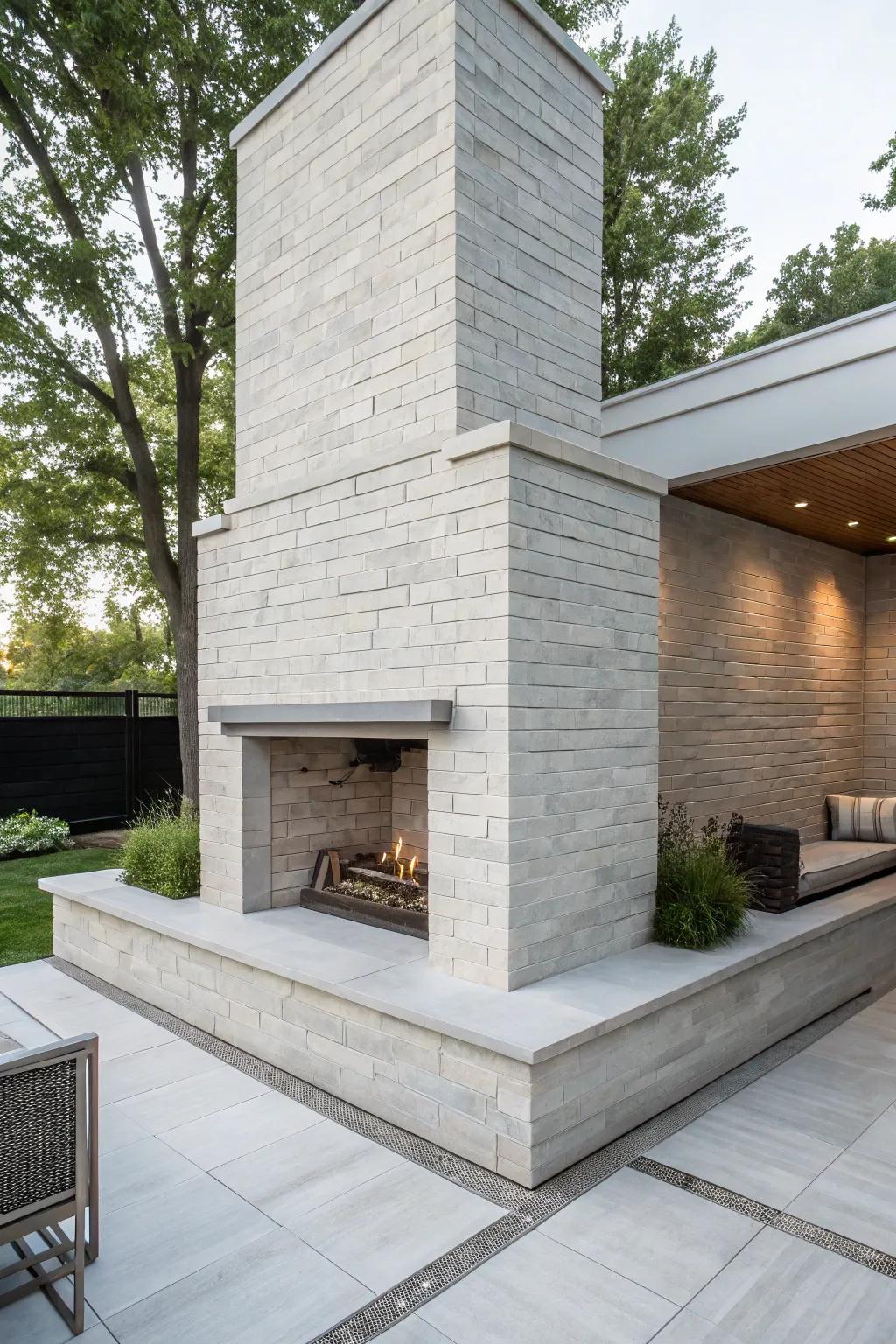A modern minimalist brick fireplace with sleek, clean lines.