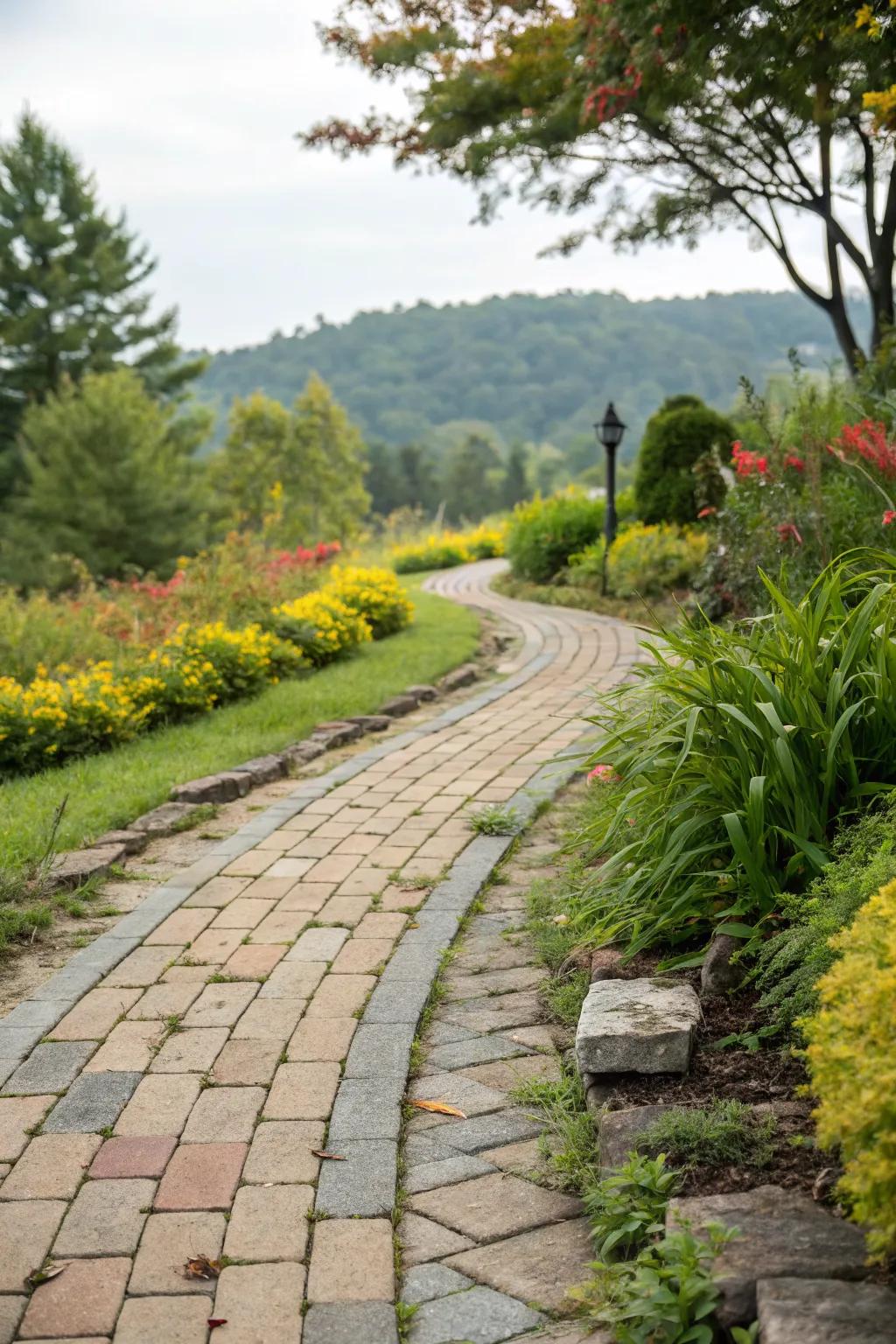 Defined elegance with brick-lined pathways.