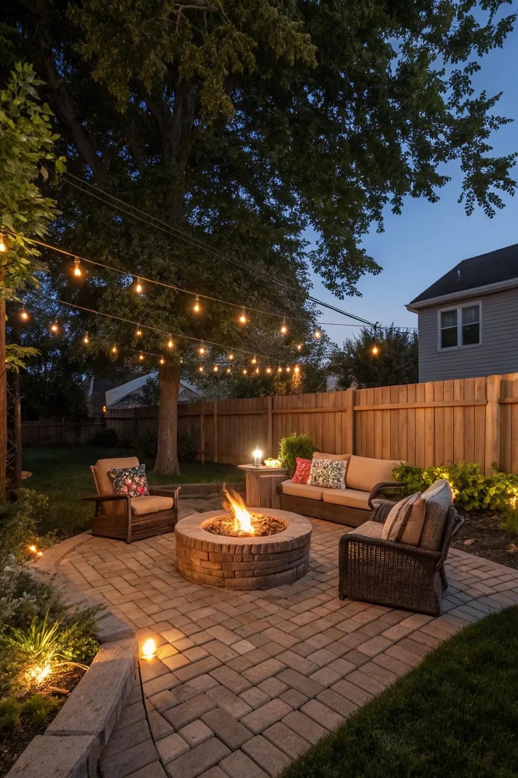 Create warmth and ambiance with brick pavers around your fire pit.