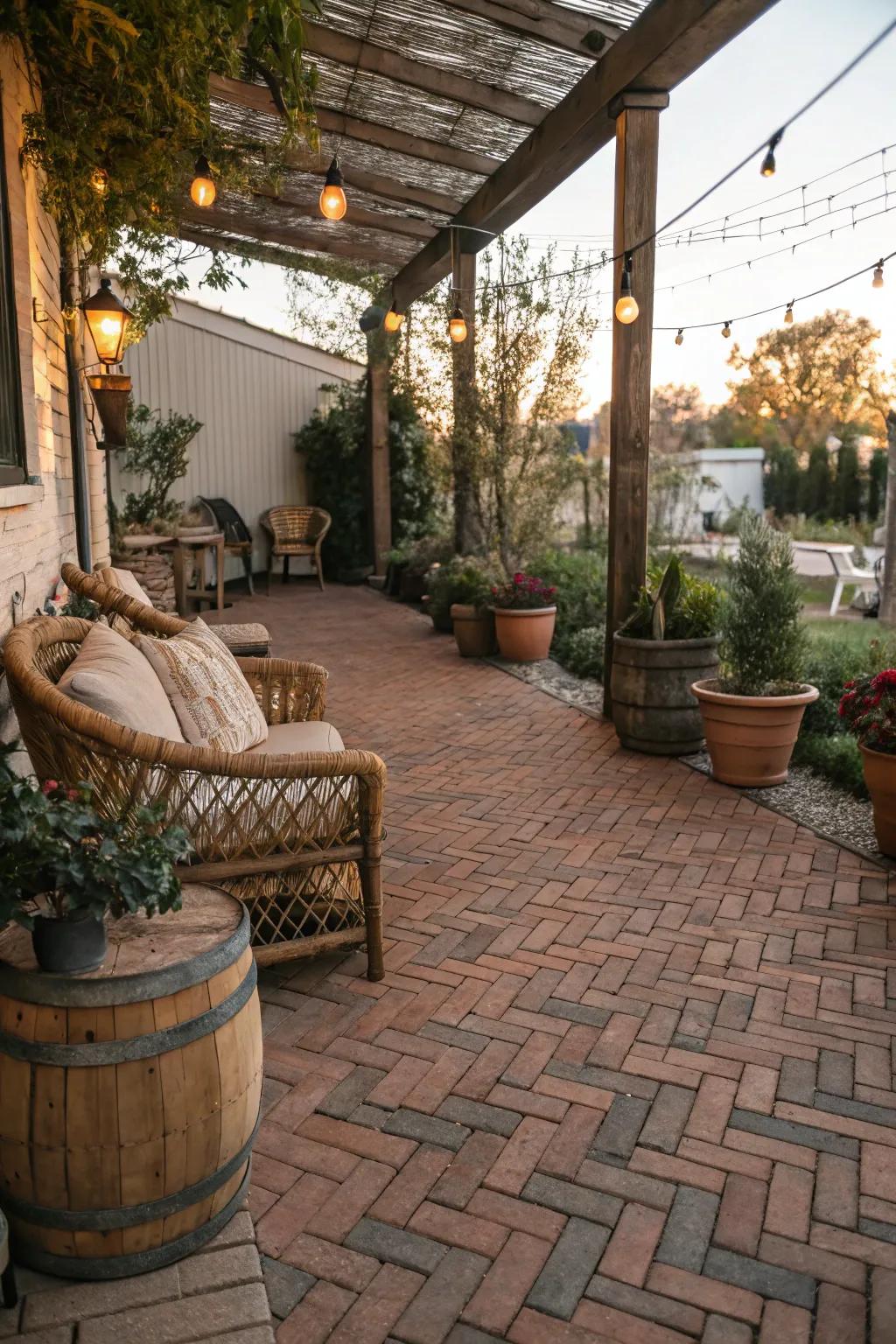 A quaint patio featuring a basket weave brick paver pattern and rustic decor.