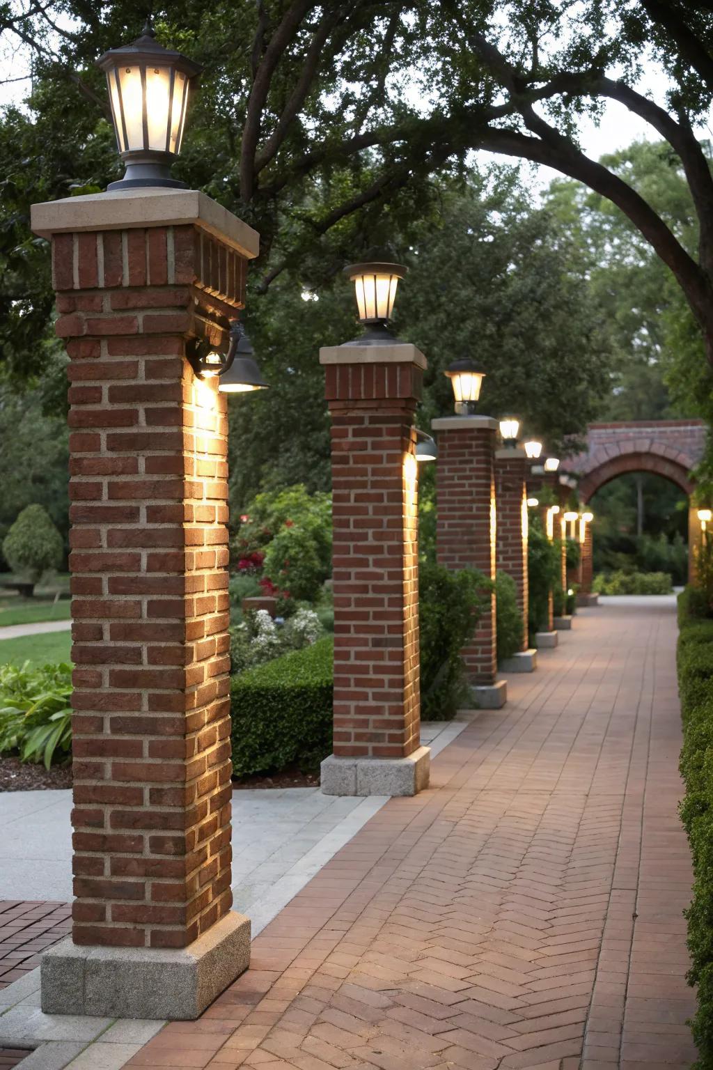 Brick pillars with built-in lighting, illuminating a garden pathway.