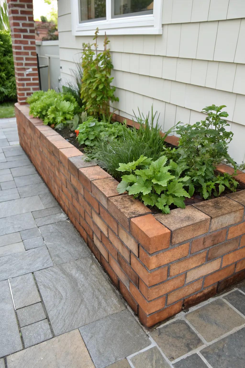 An L-shaped brick planter adding a lush corner to a home patio.