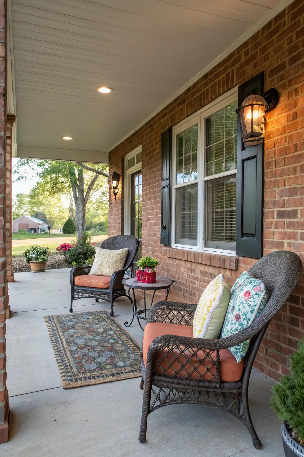 A cozy seating nook perfect for relaxation on the front porch.