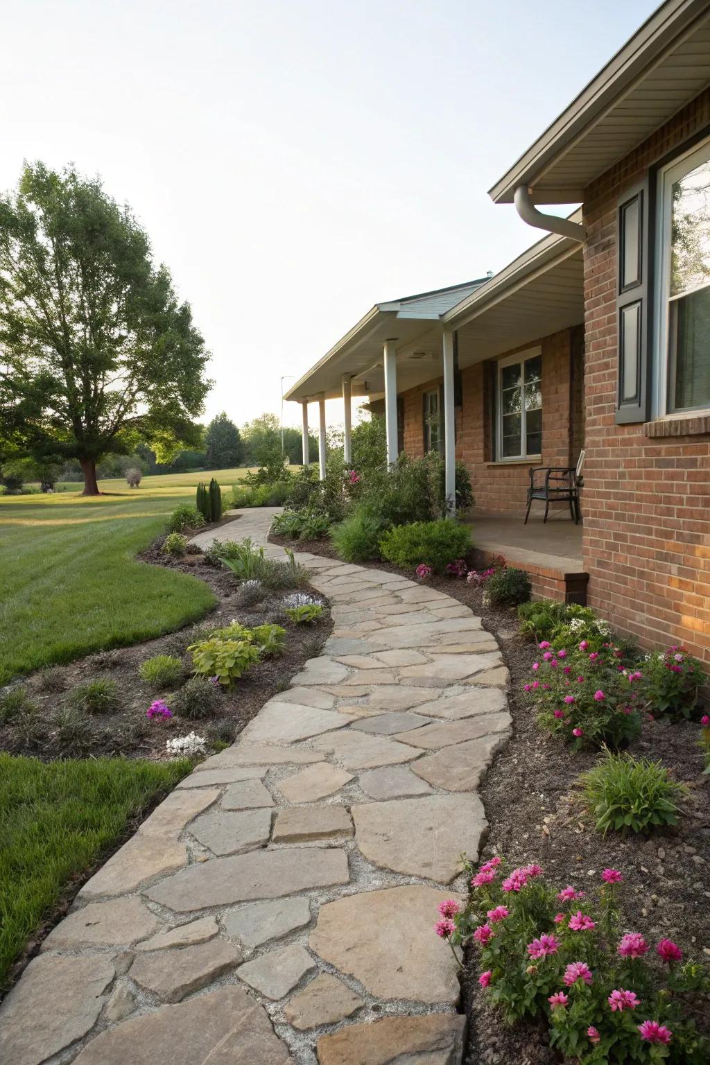 A stone pathway adds elegance and guides guests to your front door.