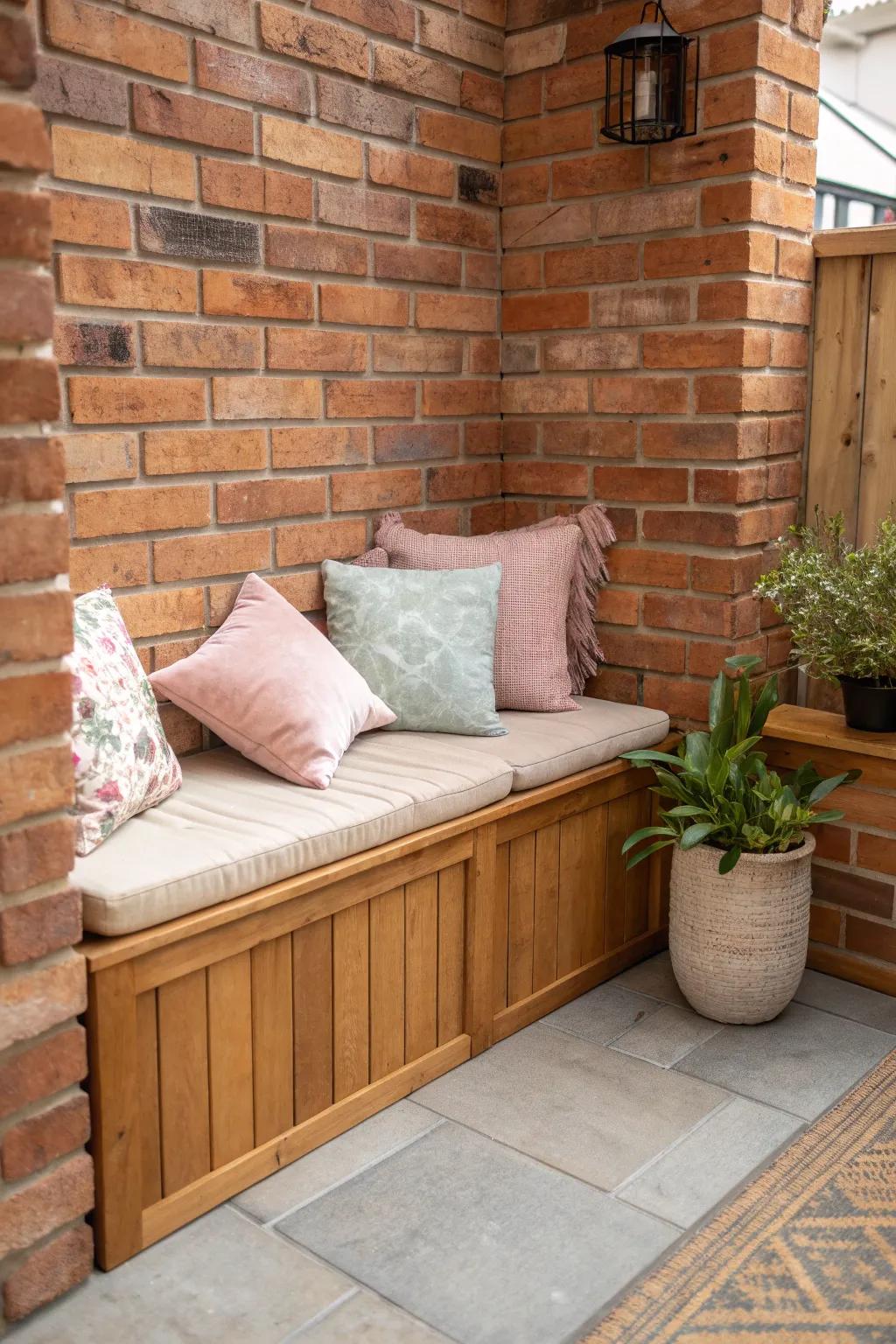 A quaint seating nook with pillows against a brick wall.