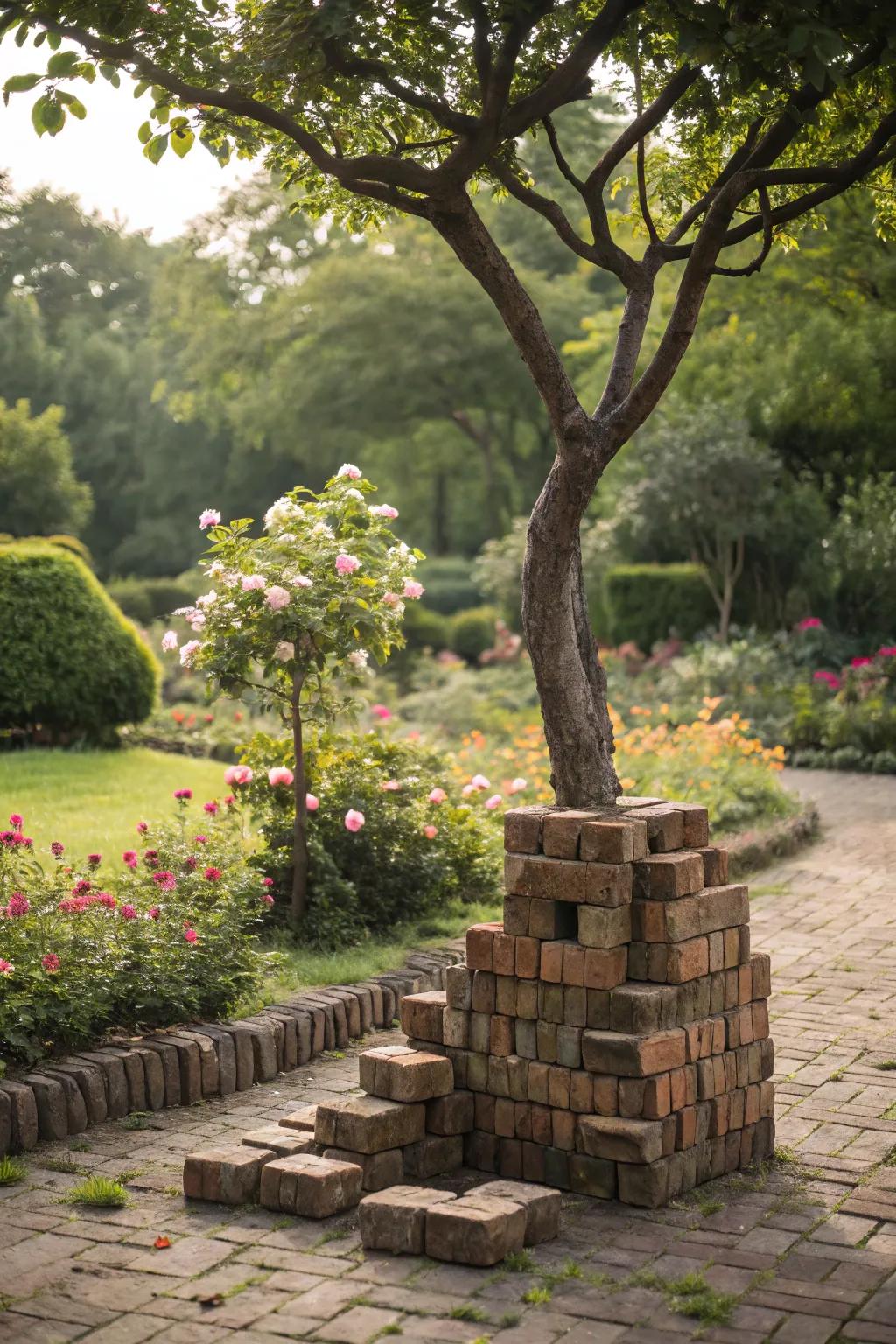Layered bricks create a dynamic and eye-catching effect around trees.