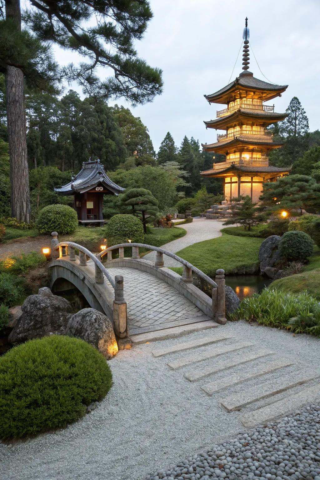 A serene Zen garden with a Japanese-style bridge.