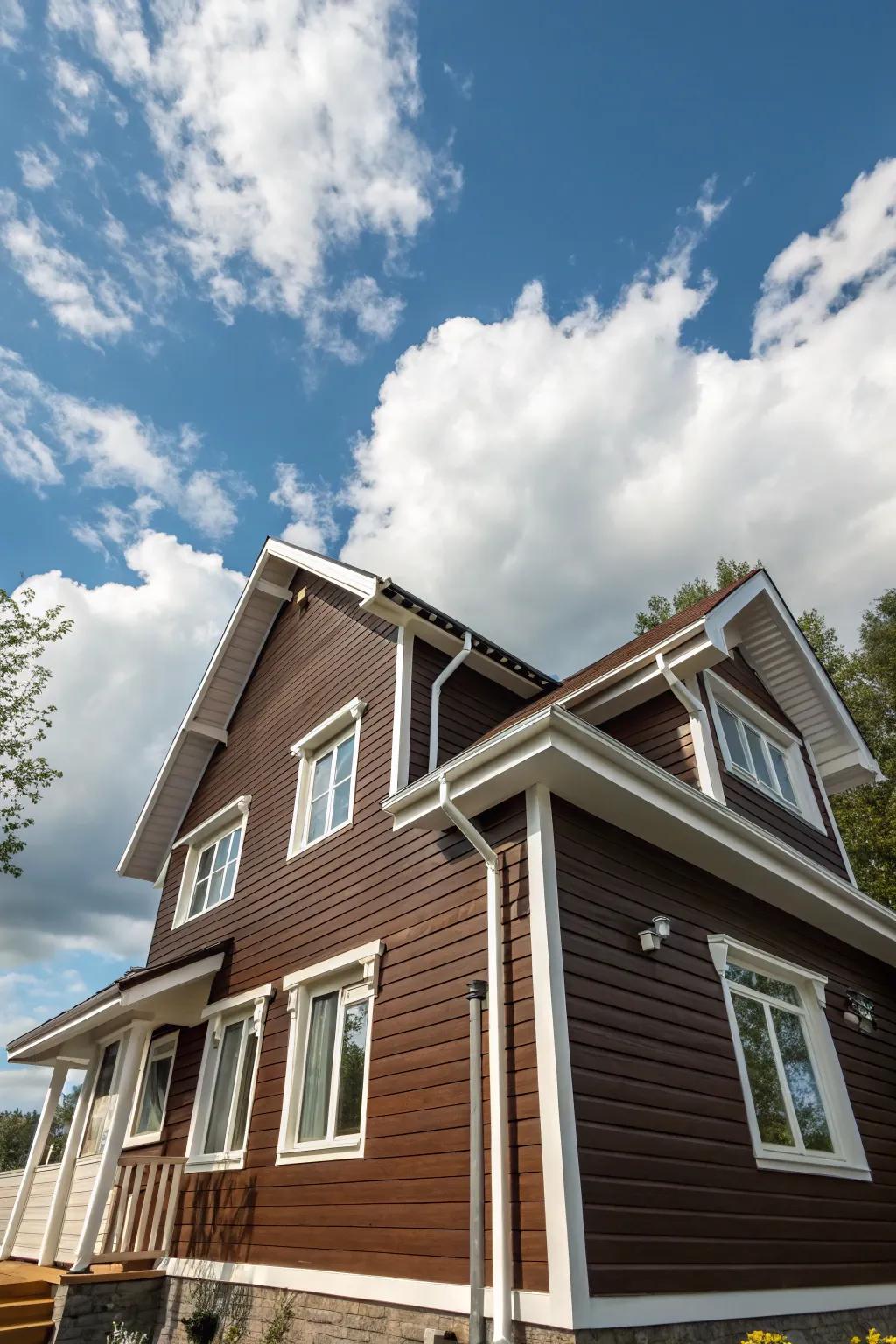Classic brown siding with white trim offers a timeless elegance.