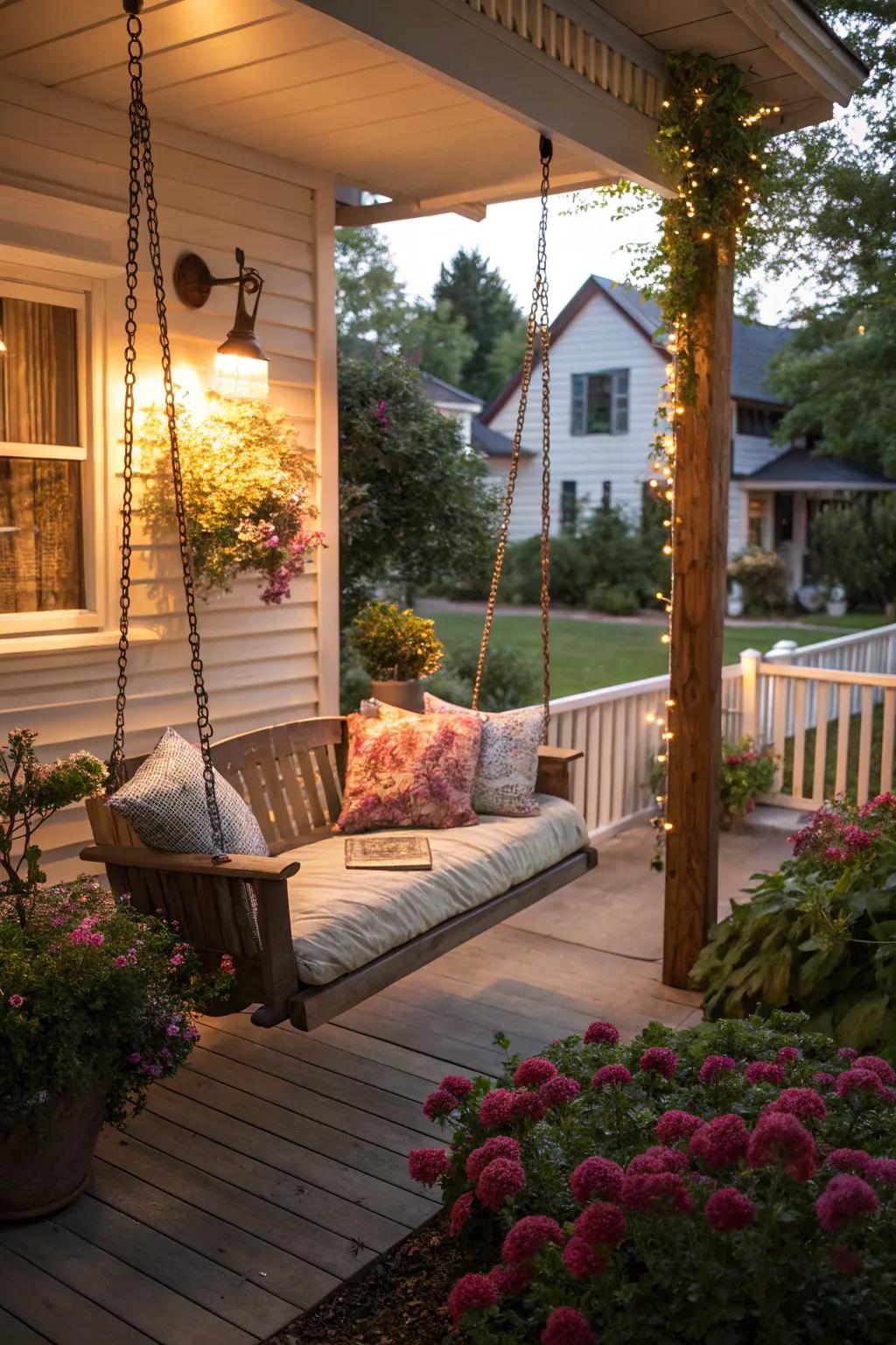 A porch swing promises gentle relaxation and daydreams.