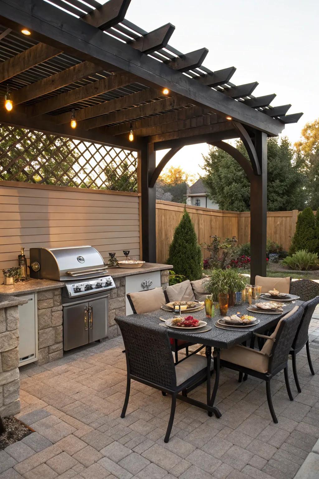 A pergola provides shelter and style for your grilling area.