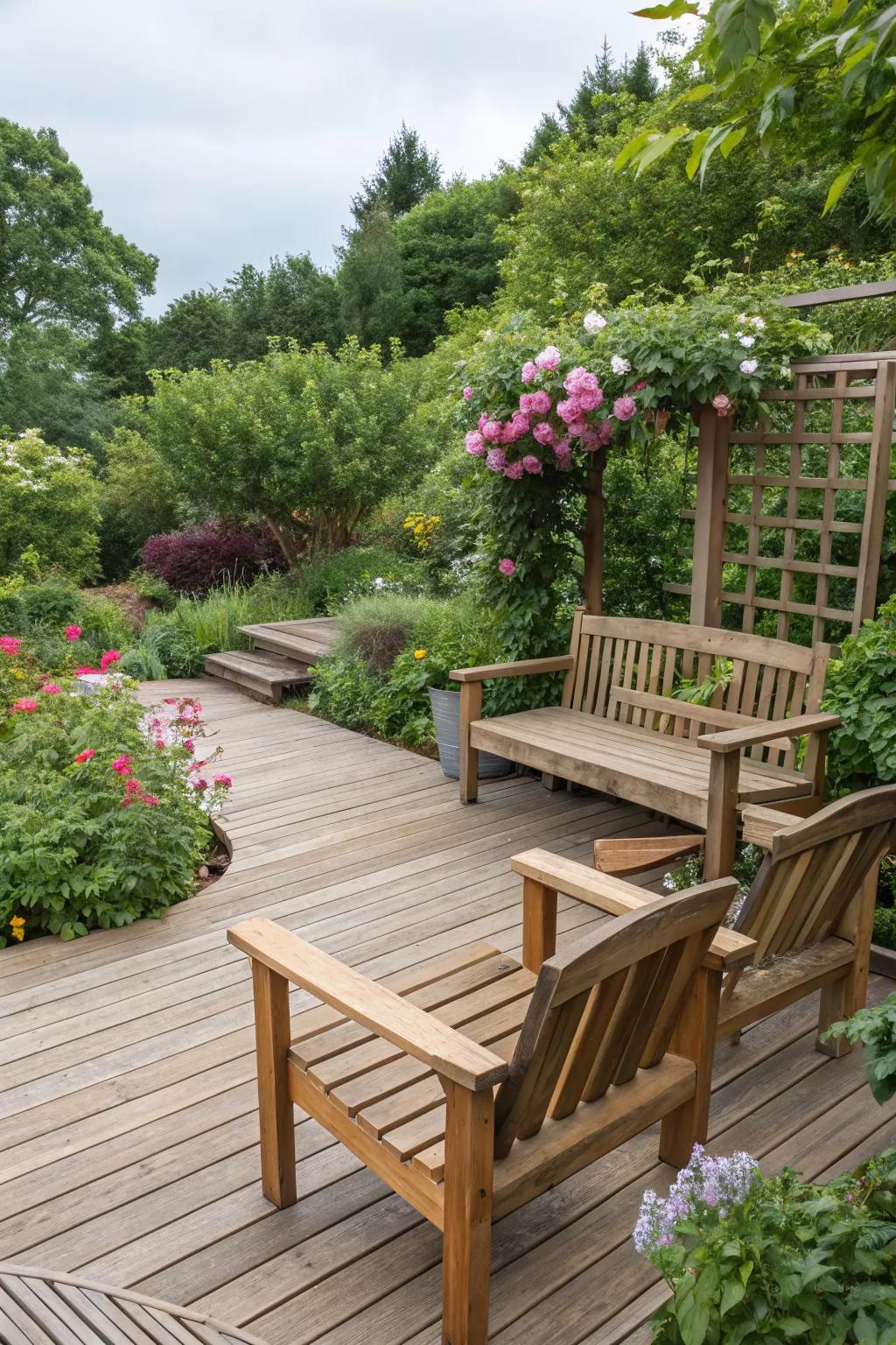 Natural wood offers timeless beauty and durability for deck seating.