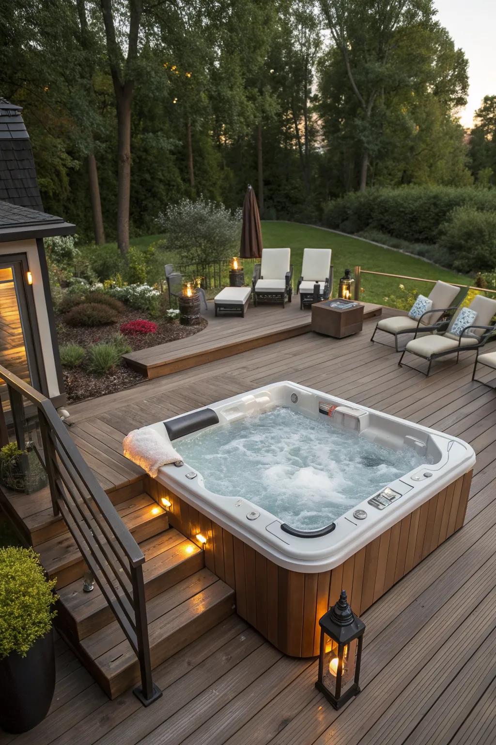 A hot tub perfectly integrated into a stylish wooden deck.