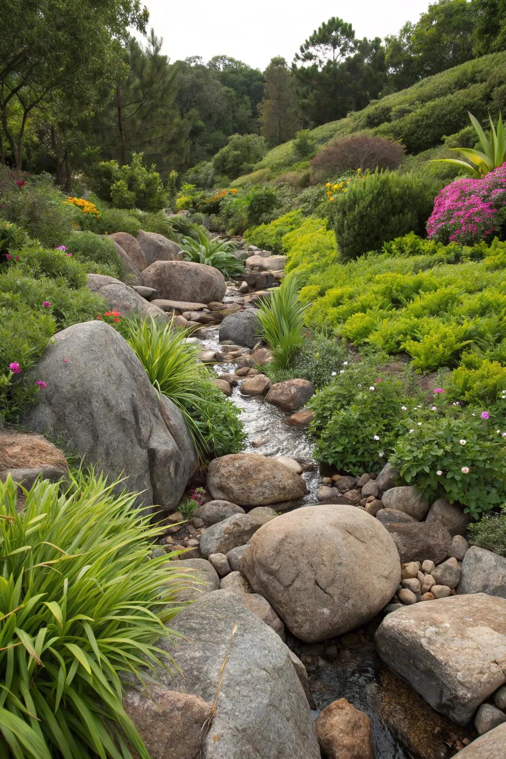 A natural-looking water drainage solution using bull rocks.