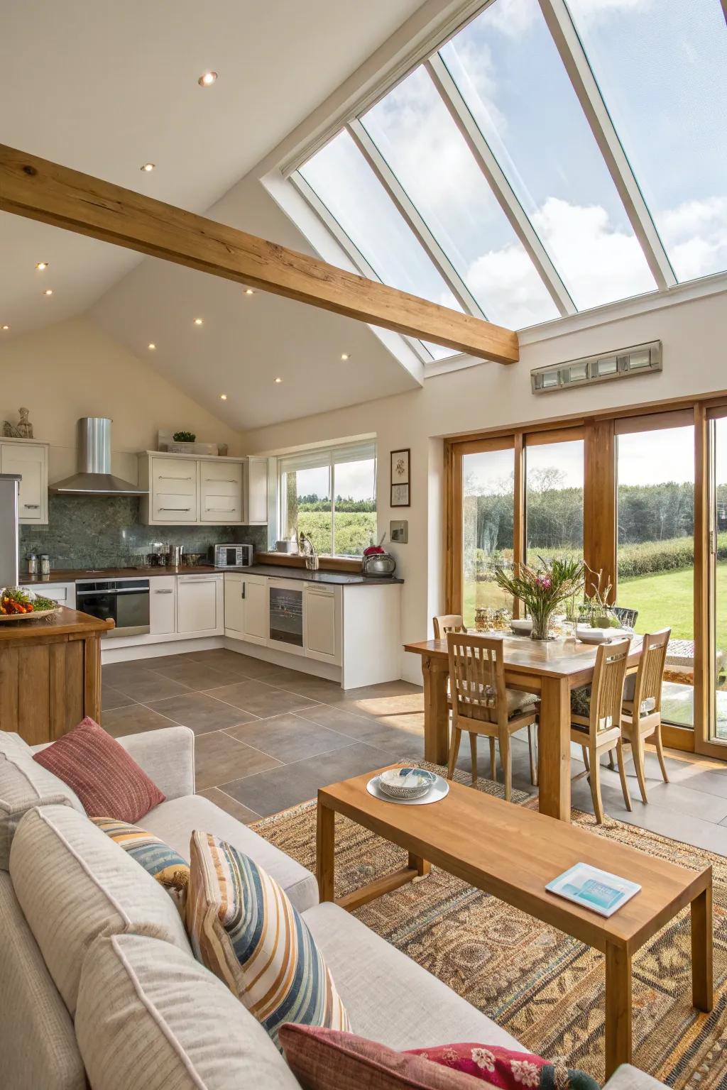An open-plan living area that combines kitchen, dining, and living spaces.