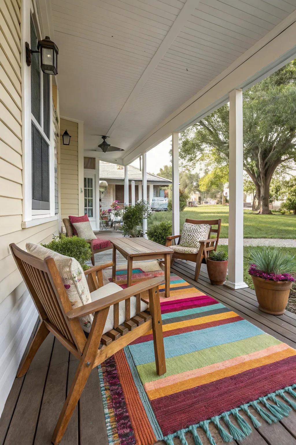 A vibrant outdoor rug adds color and style to this charming bungalow porch.