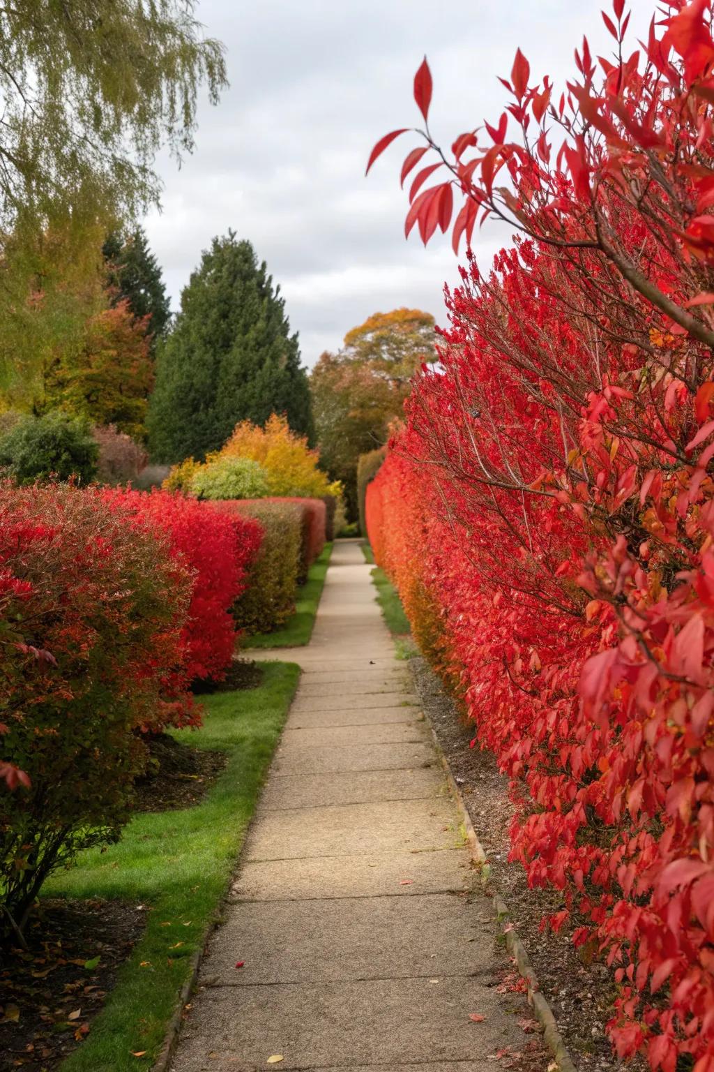 Pathways bordered by burning bushes create a captivating garden walk.