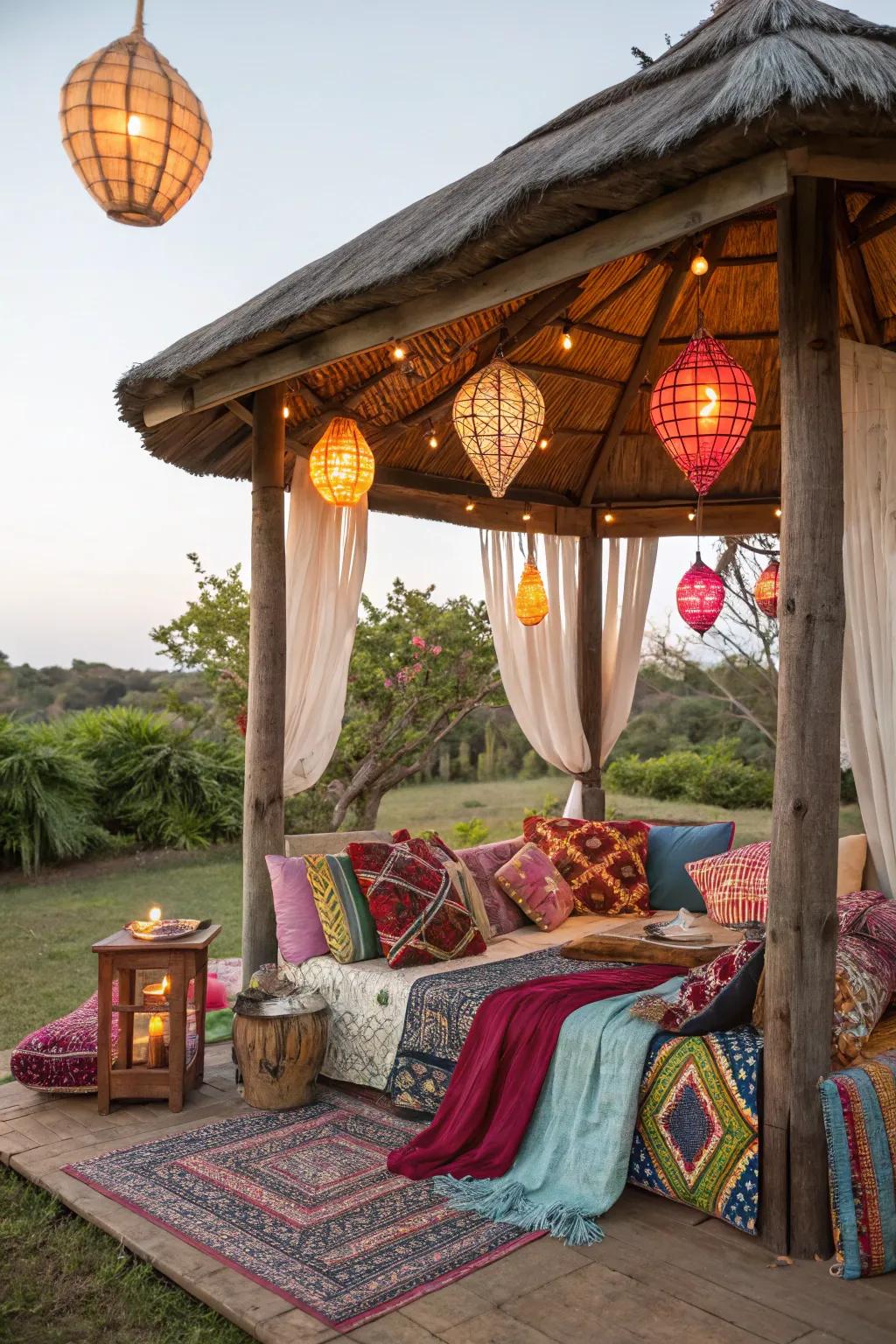 A bohemian-style cabana adorned with colorful textiles and hanging lanterns for a cozy vibe.