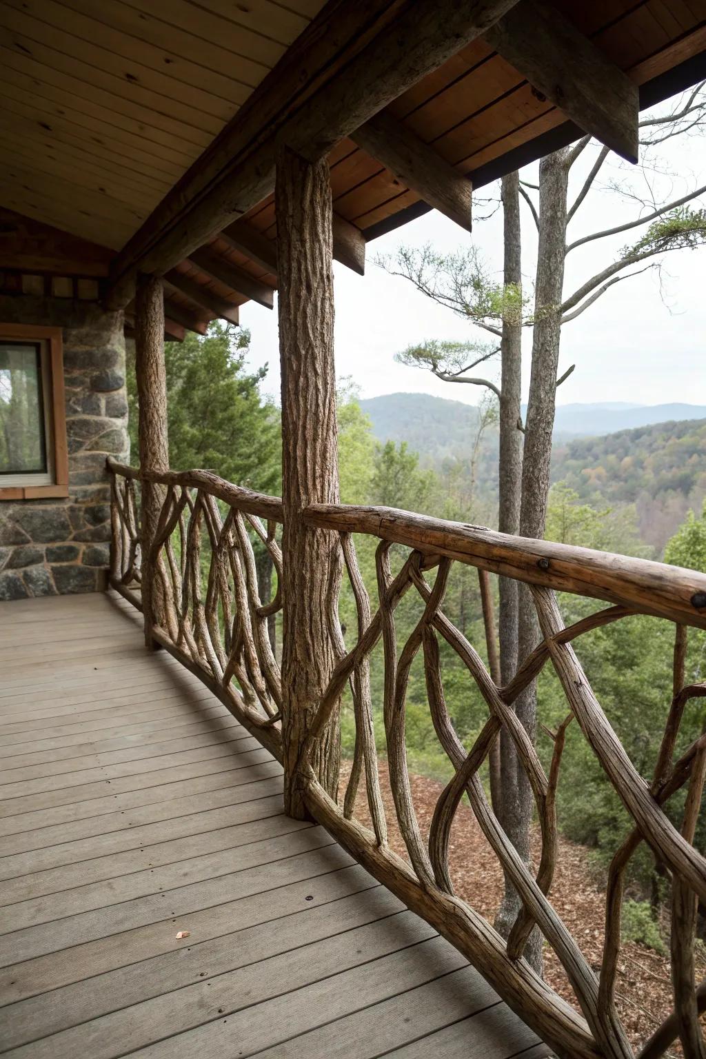 A whimsical railing design featuring intertwined twigs and branches.