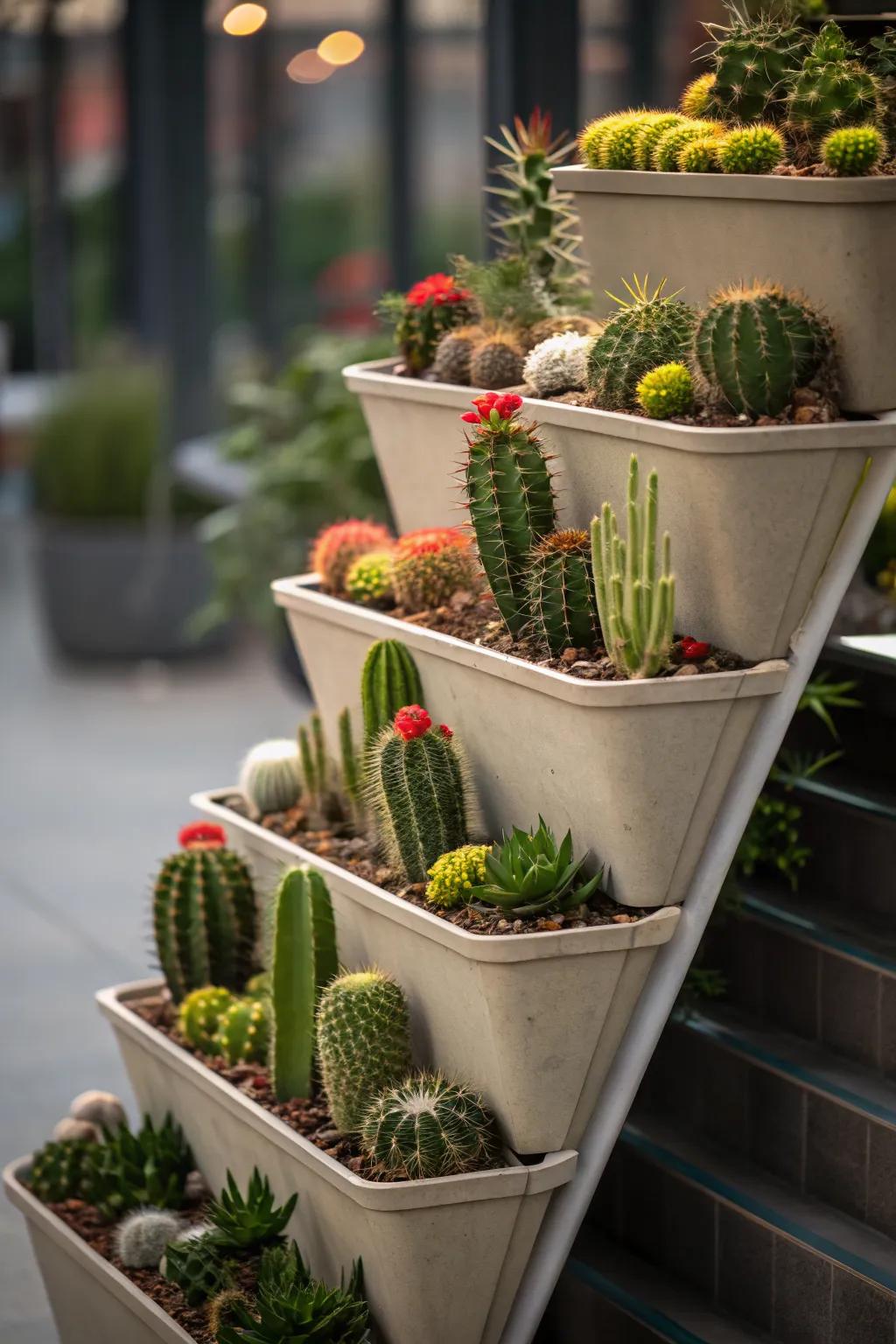 Tiered planters with cacti create a dynamic display.