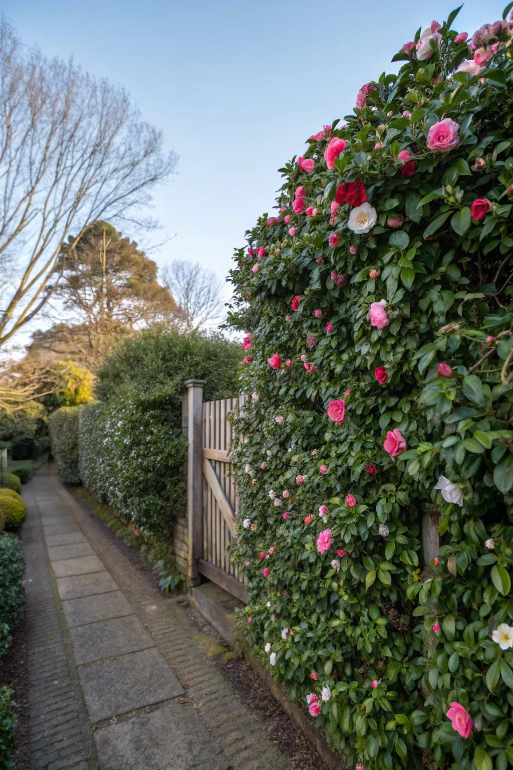 Camellia hedges offer both beauty and seclusion.