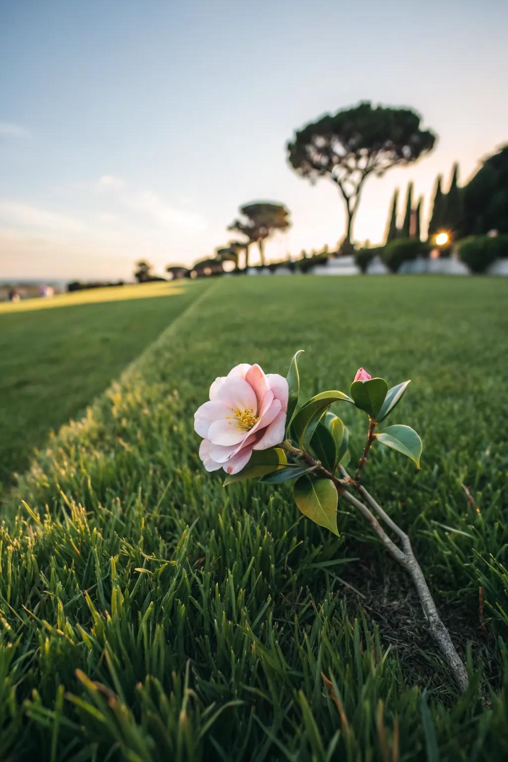 A lone camellia captivates as a garden centerpiece.