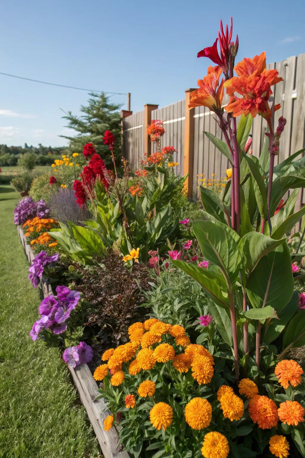 A vibrant mix of canna lilies and other colorful flowers in a garden bed.