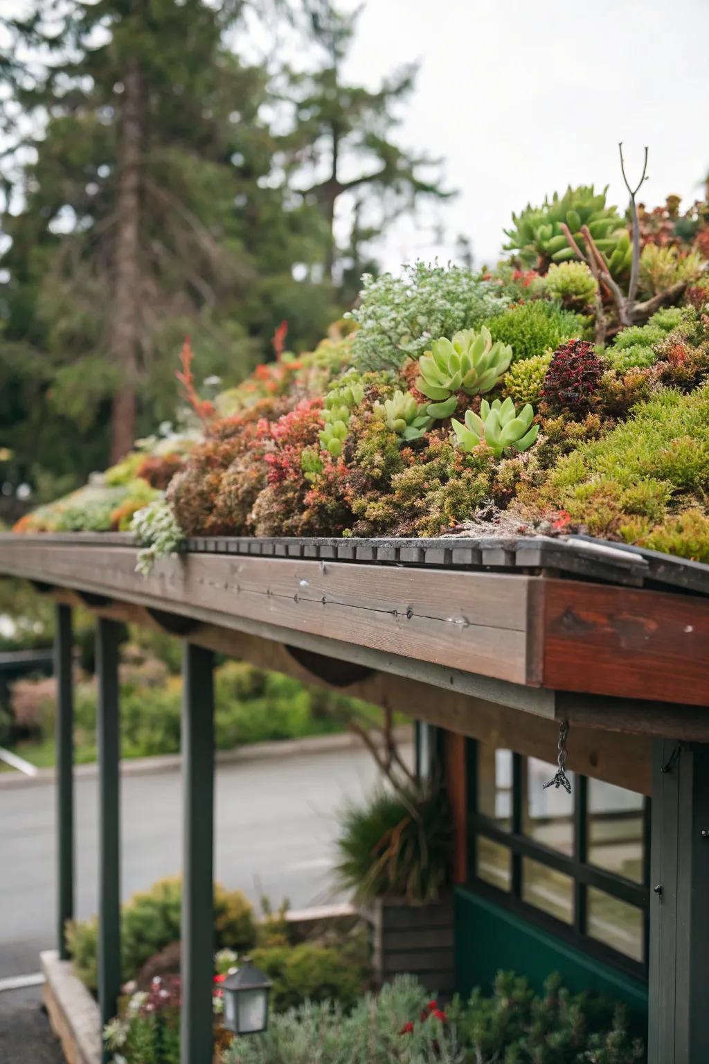 A canopy transformed by a living roof of lush succulents.