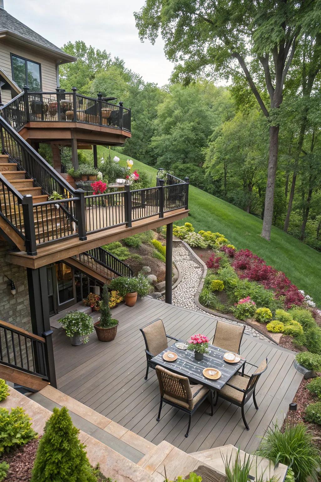 A versatile multi-level deck that adapts beautifully to sloped terrain