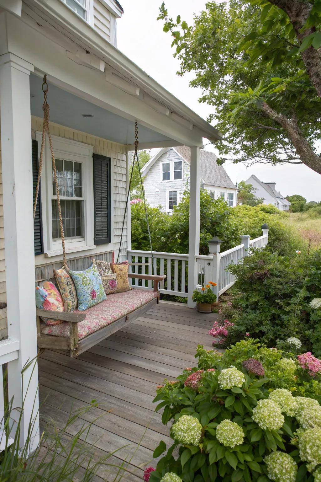 A cozy swing seat on a Cape Cod porch.