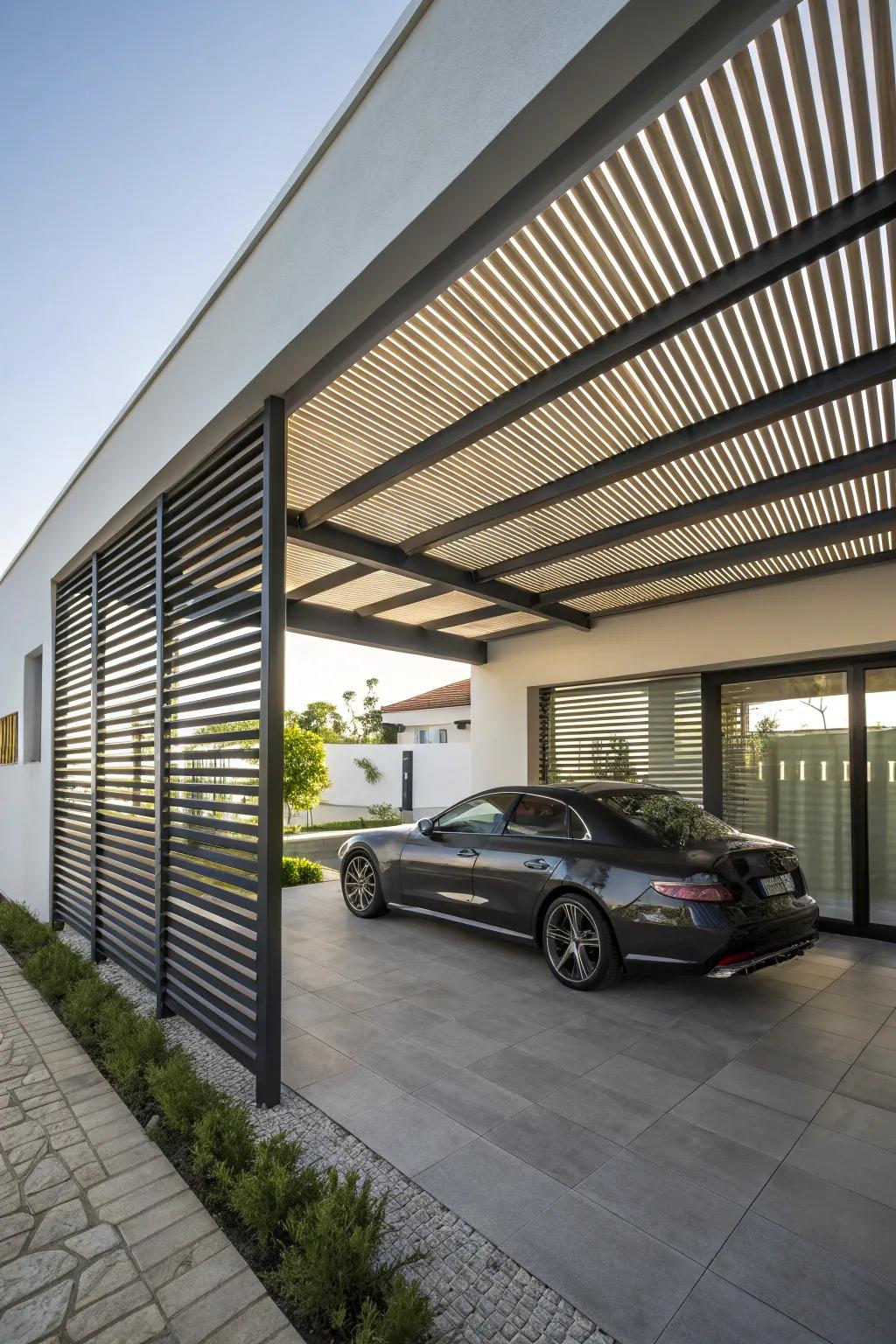 Slatted screens provide a modern flair while ensuring privacy.