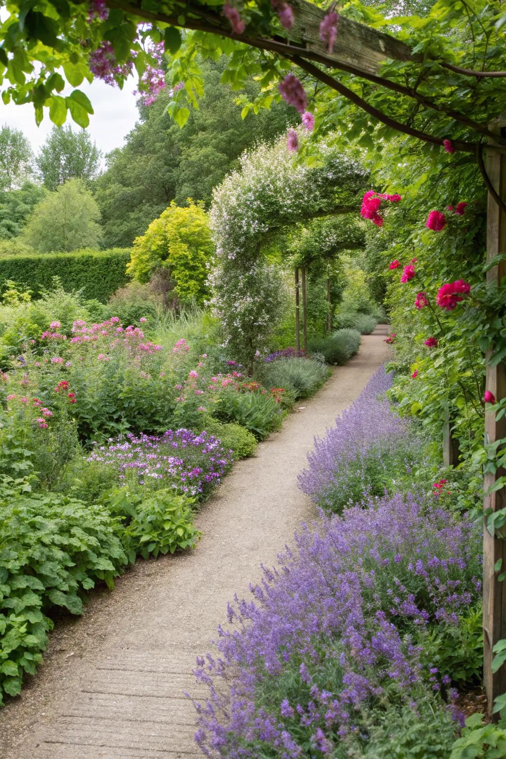 Catmint creating a vibrant and fragrant border along a garden path.