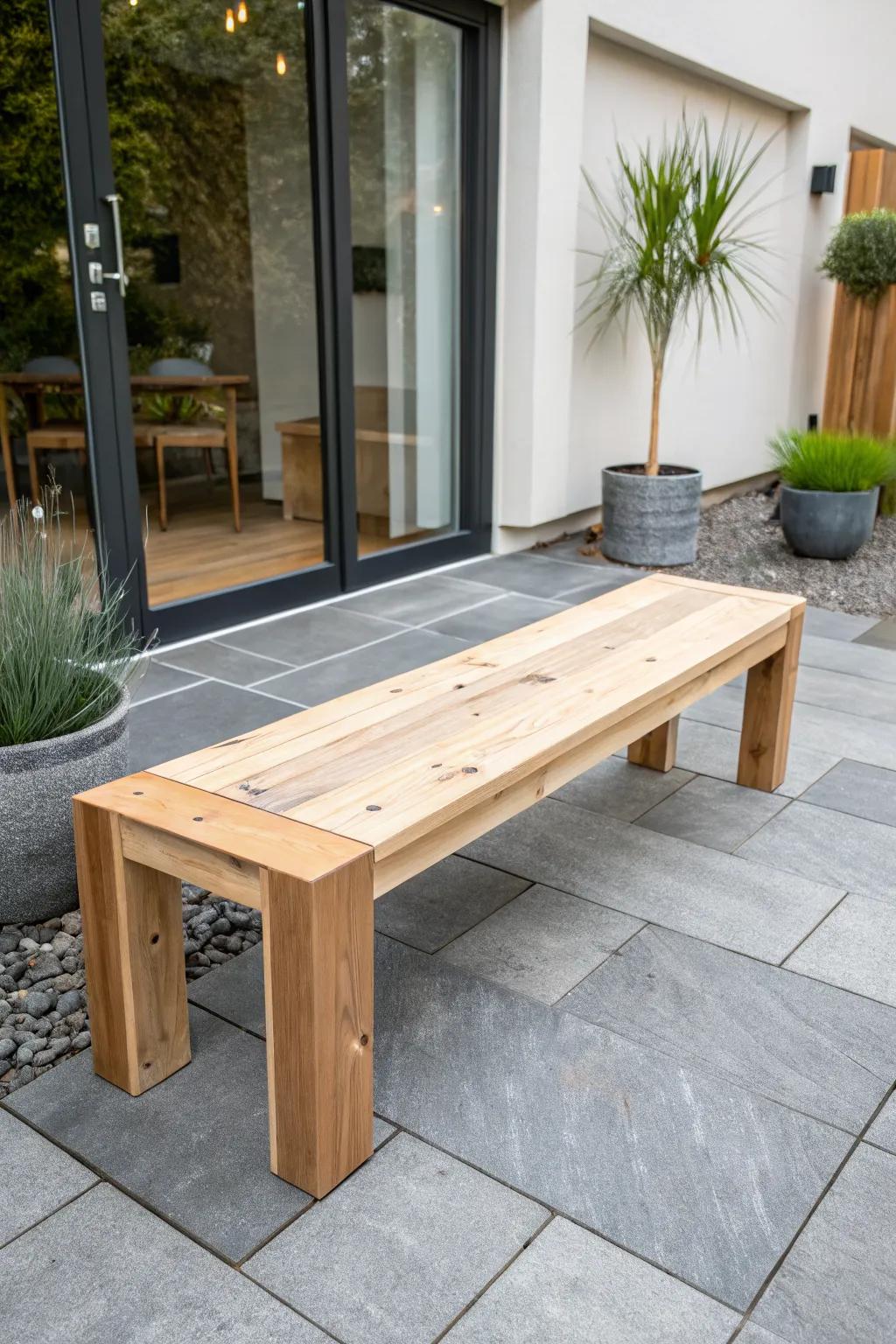 A minimalist cedar bench adds elegance to a contemporary patio.