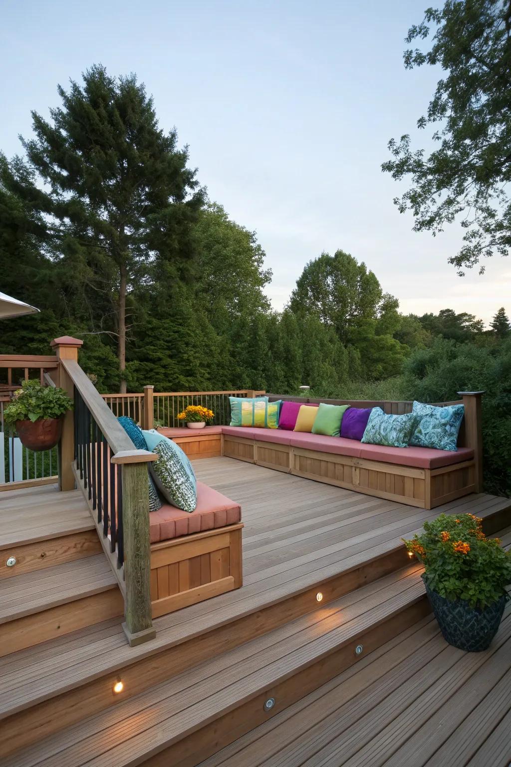 Built-in seating on a cedar deck, perfect for hosting guests.
