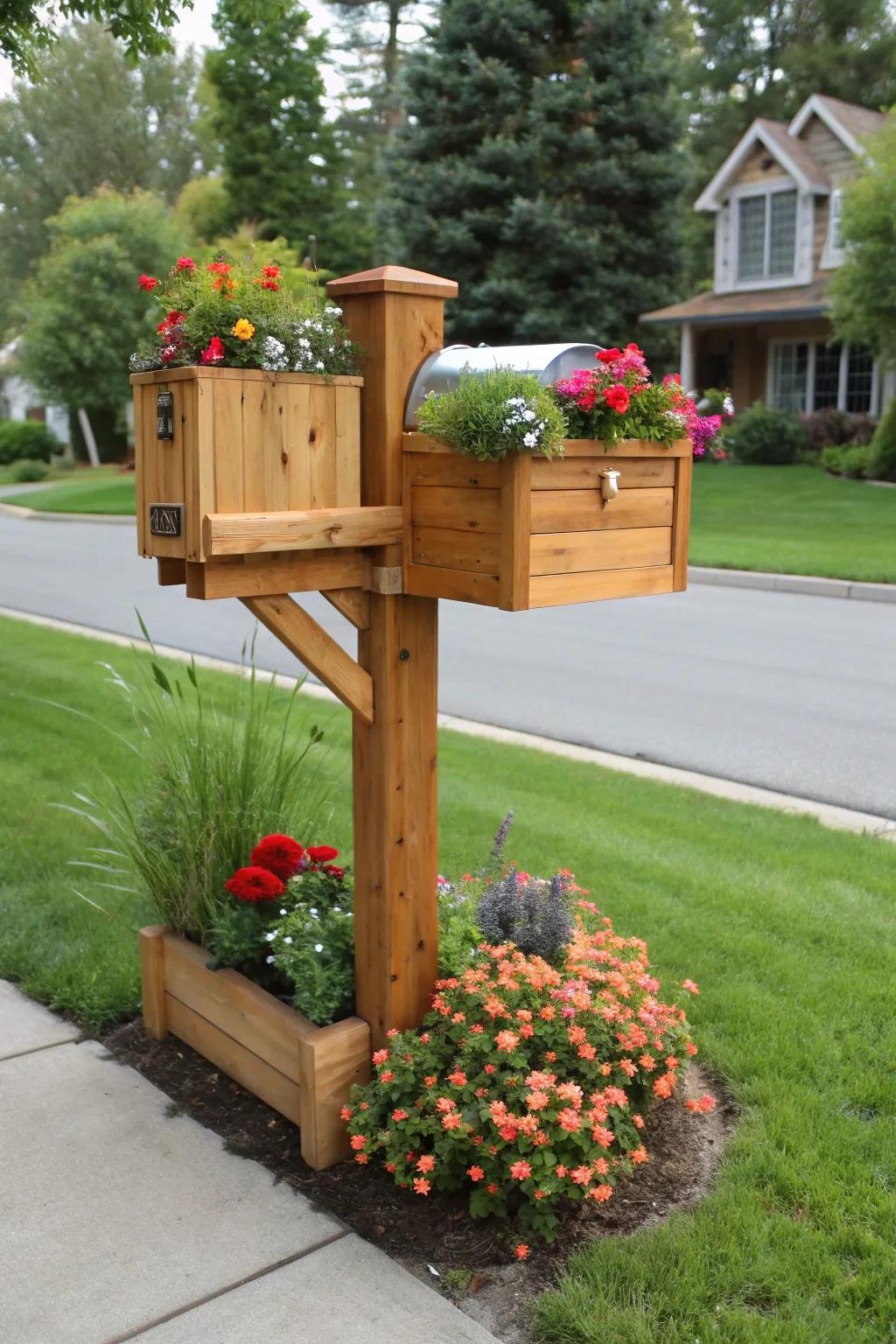 A cedar mailbox with a planter box, bringing blooms and beauty to your curb.