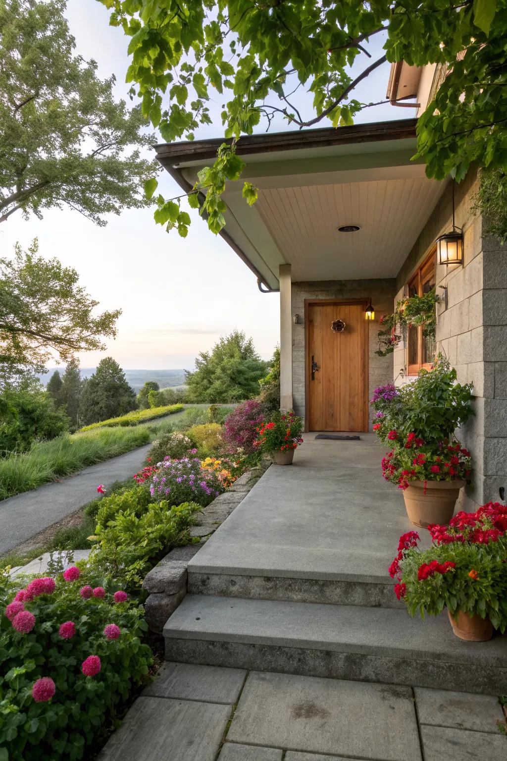 Lush landscaping around your cement porch creates a tranquil and inviting atmosphere.