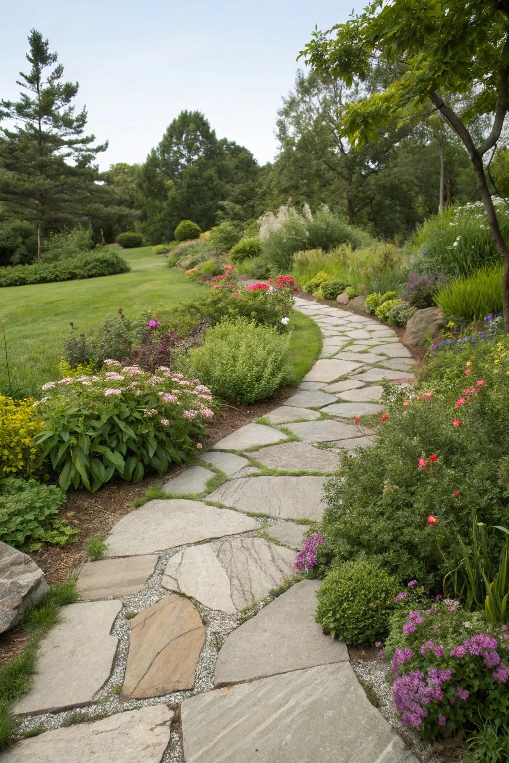 A harmonious blend of cement and nature creates a serene garden path.
