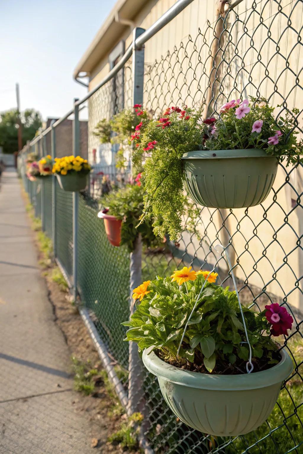 A vertical garden adds color and life to a simple chain link fence.