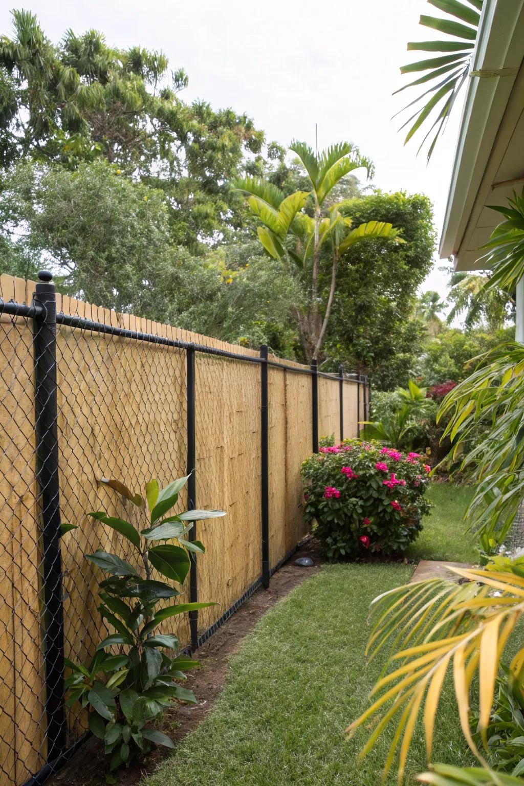 Bamboo panels provide a quick and natural privacy screen for chain link fences.