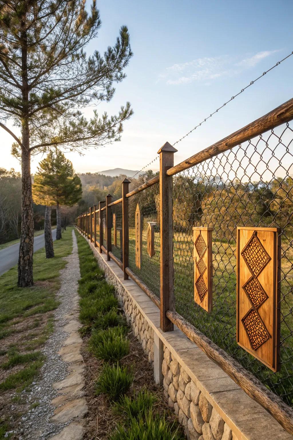 Wooden panels elevate the look of a chain link fence.