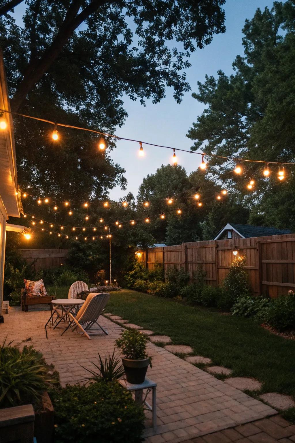 Enchanting string lights illuminate a cozy backyard.