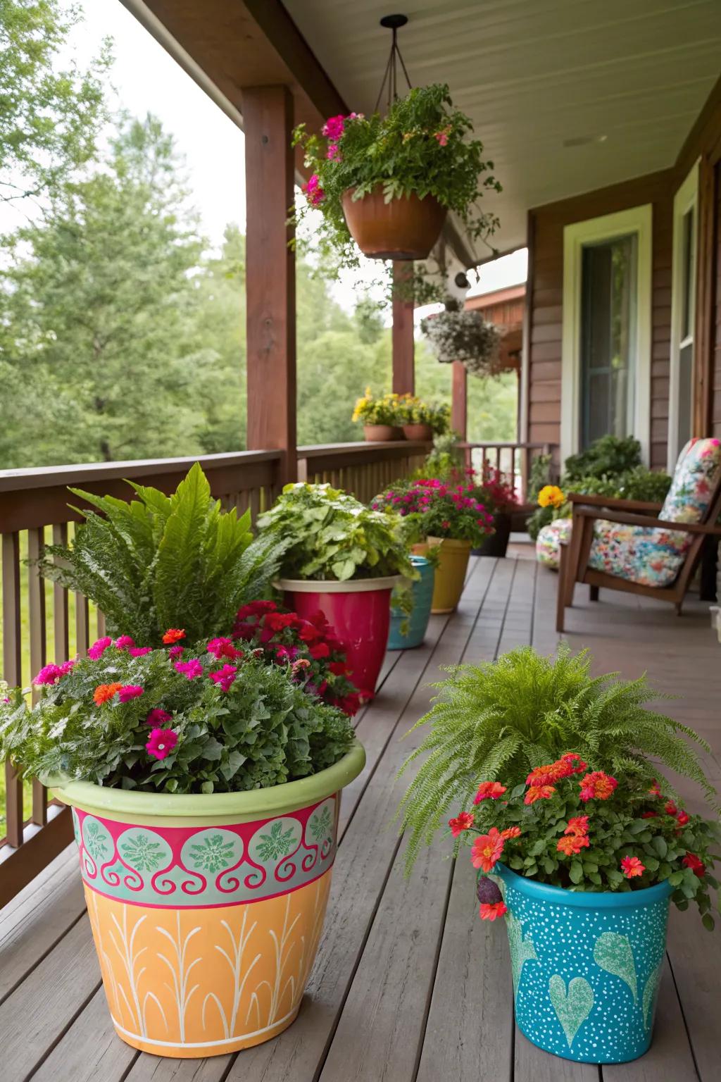 Potted plants add instant charm to any porch or walkway.