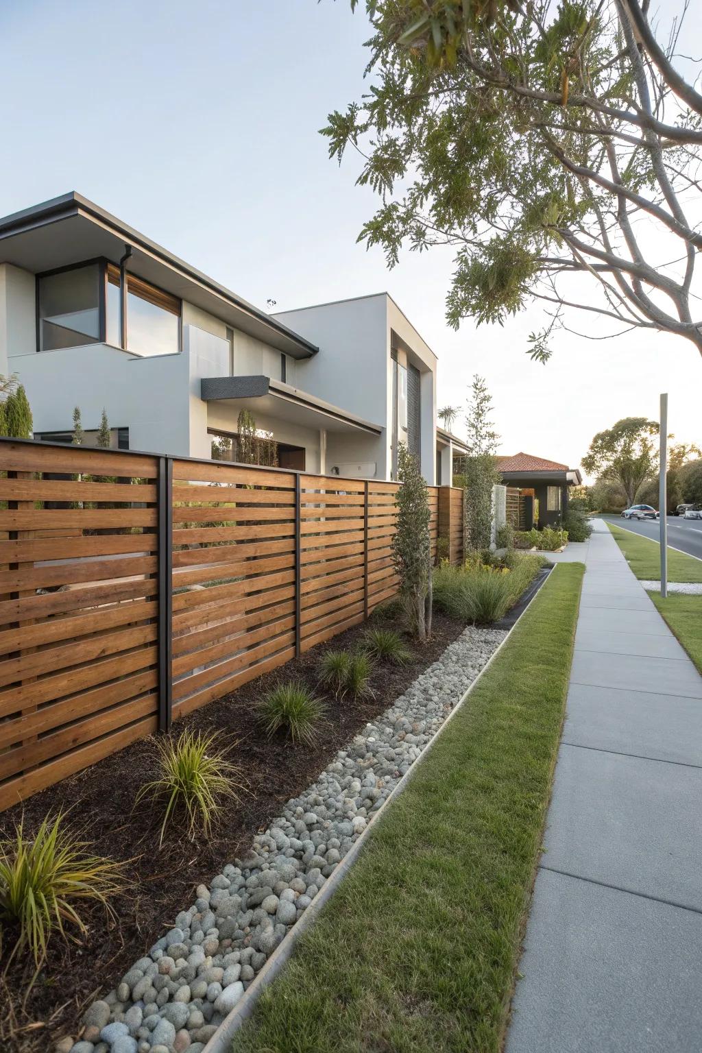 Modern elegance with a horizontal wood slat fence.