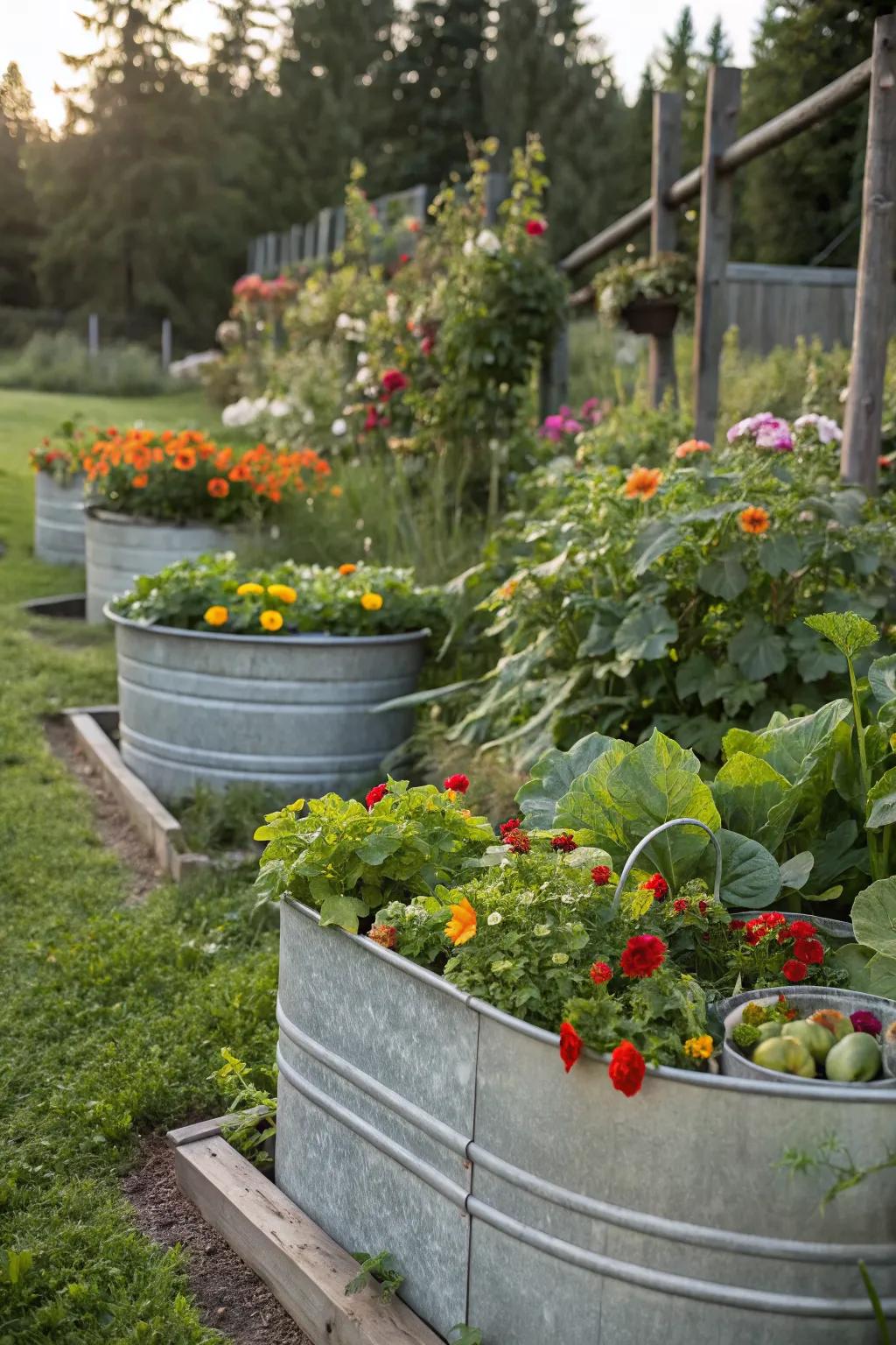 Galvanized metal tubs offer a chic and durable option for garden beds.