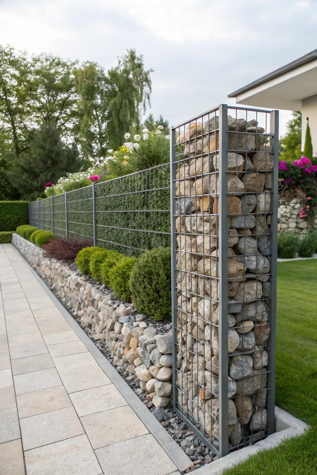 A modern garden wall made with gabion cages filled with stones.