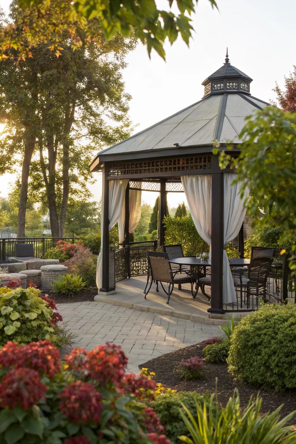 Shade cloth provides a chic and functional gazebo roof.